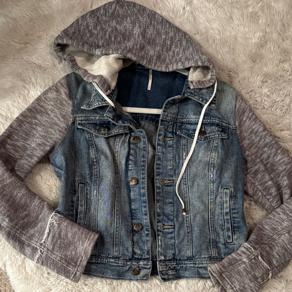 Free People Denim and Gray Hooded Women's Jacket